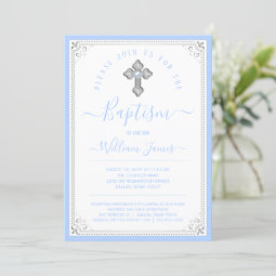 Elegant Baby Blue Silver Boy Baptism Invitation 