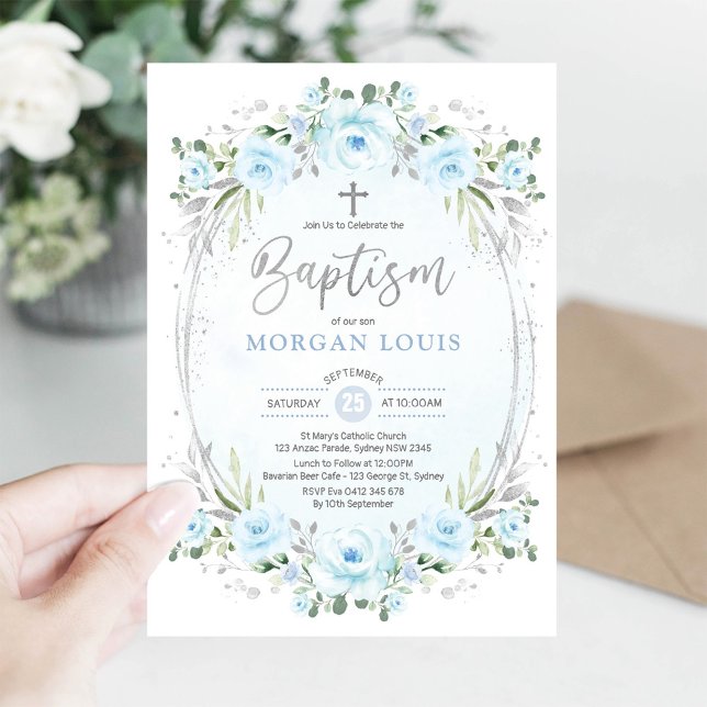 Elegant Baby Blue Silver Flower Baptism Invitation (Creator Uploaded)