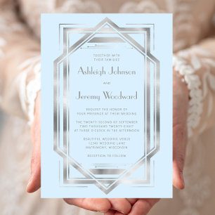 Elegant Baby Blue Silver Vintage Deco Wedding Invitation
