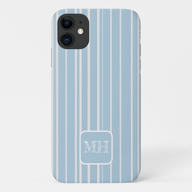Elegant baby blue striped monogrammed Case-Mate iPhone case (Back)