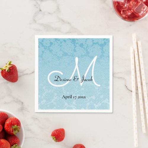 Elegant Baby Blue White Black Wedding Monogram Napkins