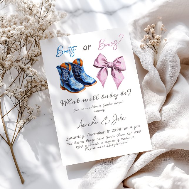 Elegant Baby Boots or Bows Boy Girl Gender Reveal Invitation (Creator Uploaded)