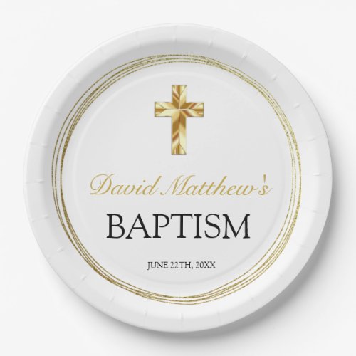 Elegant Baby Boy Baptism White & Gold Cross 