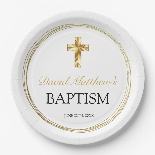 Elegant Baby Boy Baptism White & Gold Cross  Paper Plates (Front)