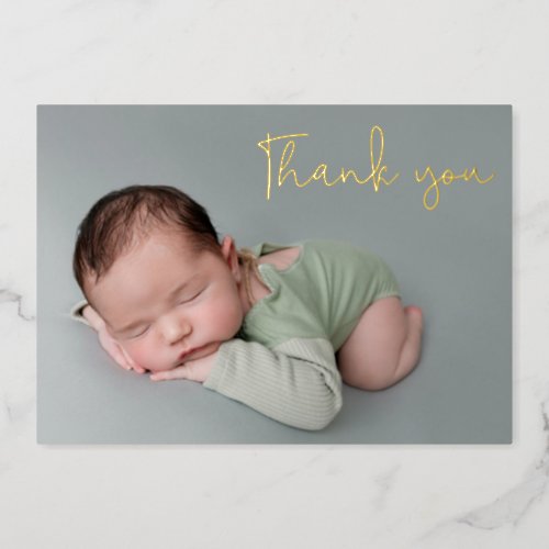 Elegant Baby Boy birth Photo Thank you Script Foil Holiday Card