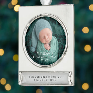 Elegant Baby Boy Birth Stats First Christmas Silver Plated Banner Ornament
