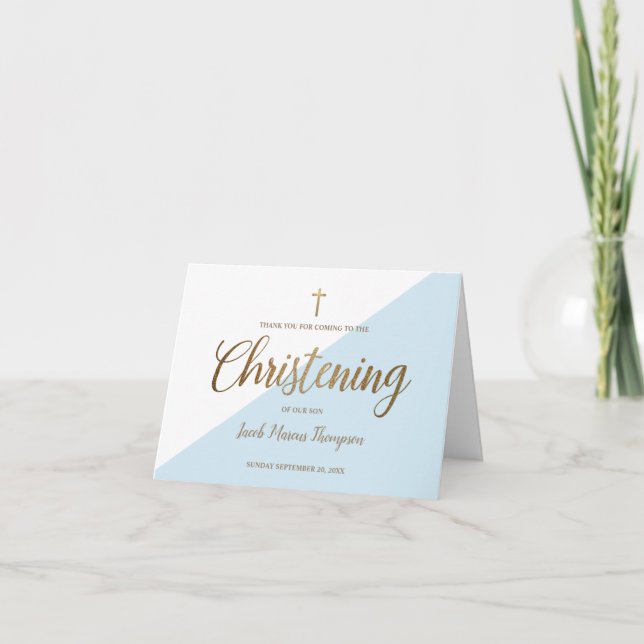 Elegant Baby Boy Blue Gold Thank You  Christening Card (Front)