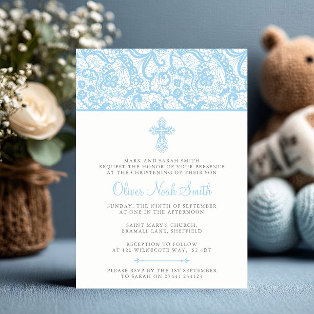 Elegant Baby Boy Christening Invitation with Blue  (Celebrate your little blessing 💙 Customize this elegant christening invitation for your baby boy.)