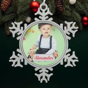 Elegant Baby Boy Photo Snowflake Pewter Christmas Ornament