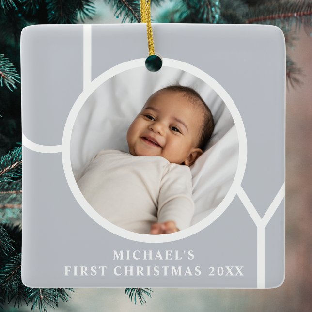 Elegant Baby Boy's First Christmas Photo Gray  Ceramic Ornament (Creator Uploaded)