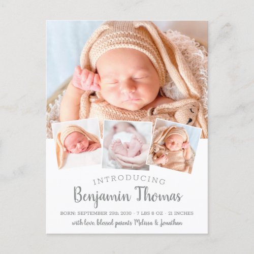 Elegant Baby Custom 4 Photo Birth Announcement Postcard