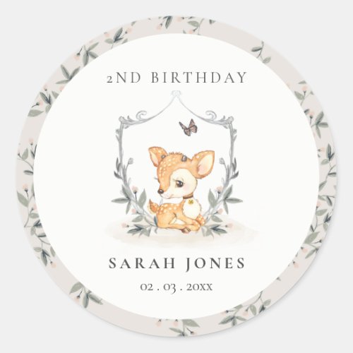 Elegant Baby Deer Floral Crest Any Age Birthday Classic Round Sticker