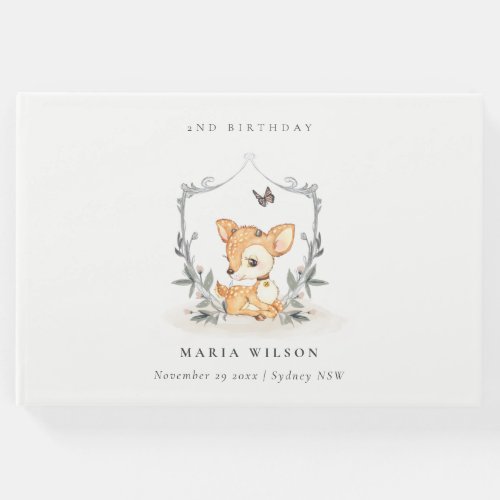  Elegant Baby Deer Floral Crest Any Age Birthday Guest Book
