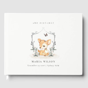 Elegant Baby Deer Floral Crest Any Age Birthday Guest Book
