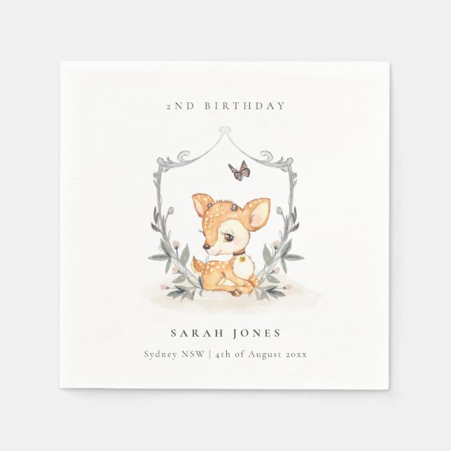 Elegant Baby Deer Floral Crest Any Age Birthday Napkins (Front)