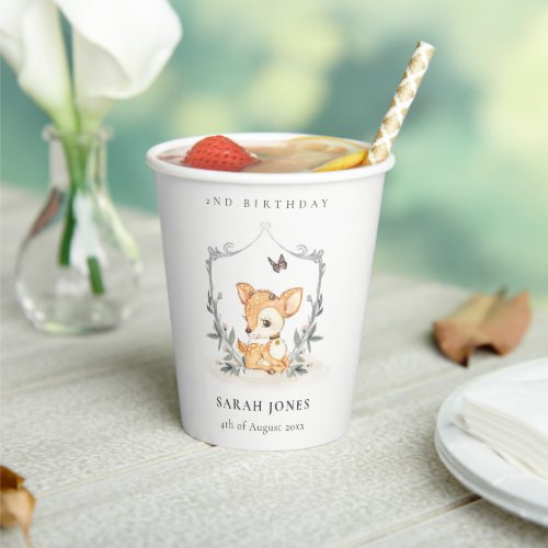 Elegant Baby Deer Floral Crest Any Age Birthday Paper Cups