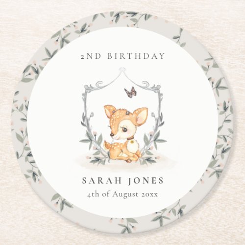 Elegant Baby Deer Floral Crest Any Age Birthday Round Paper Coaster