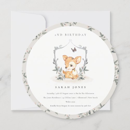 Elegant Baby Deer Floral Crest Any Age Birthday Thank You Card