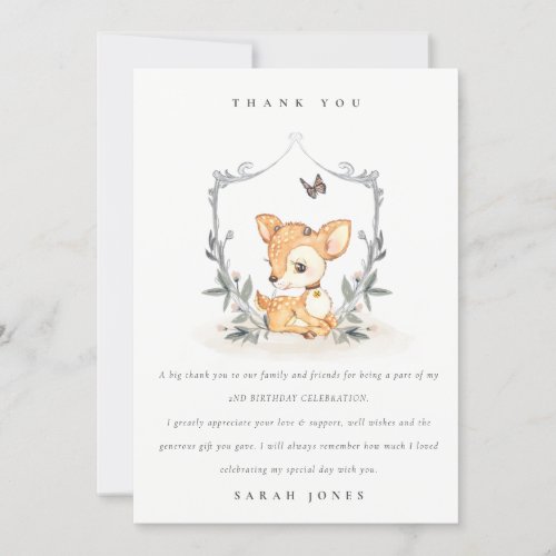 Elegant Baby Deer Floral Crest Any Age Birthday Thank You Card