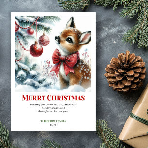 Elegant Baby Deer Snowy Forest Watercolor Christma Holiday Card