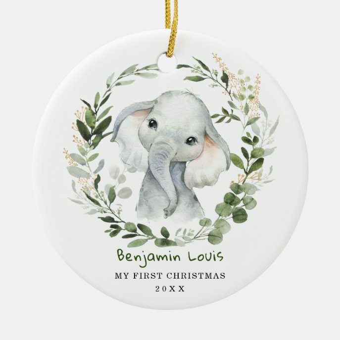 Elegant Baby First 1st Christmas Greenery Elephant Ceramic Ornament