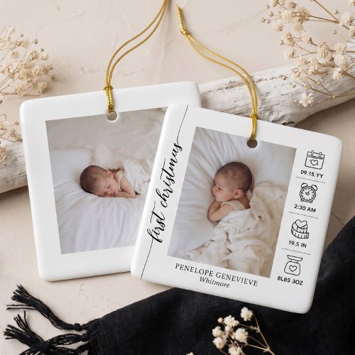 Elegant Baby First Christmas Birth Stats Photo Ceramic Ornament