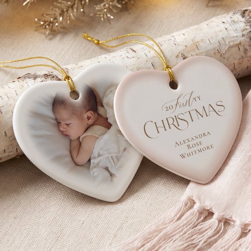 Elegant Baby First Christmas Pink Heart Photo Ceramic Ornament