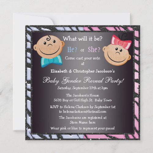 Elegant Baby Gender Reveal Babies &amp; Zebra Print Personalized Invitations