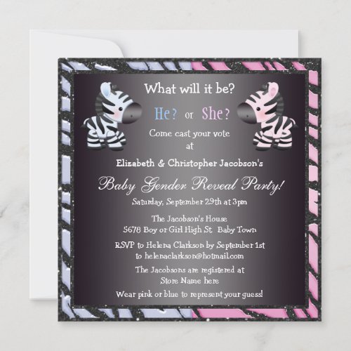 Elegant Baby Gender Reveal Zebras &amp; Animal Print Personalized Invites