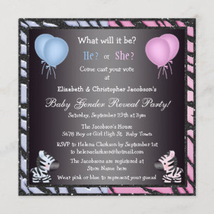 Elegant Baby Gender Reveal Zebras & Balloons Invitation