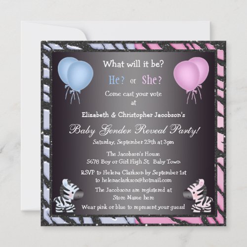 Elegant Baby Gender Reveal Zebras  Balloons Invitation