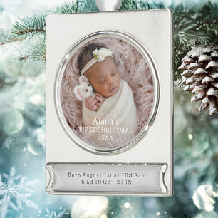 Elegant Baby Girl Birth Stats First Christmas Silver Plated Banner Ornament