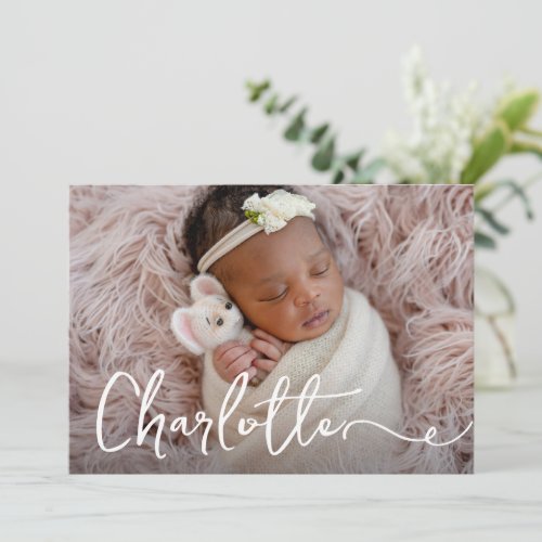 Elegant Baby girl name Custom photo Birth Thank You Card