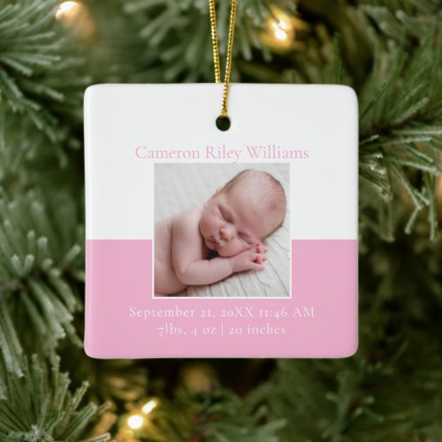 Elegant Baby Girl Newborn Photo Pink Christmas Ceramic Ornament