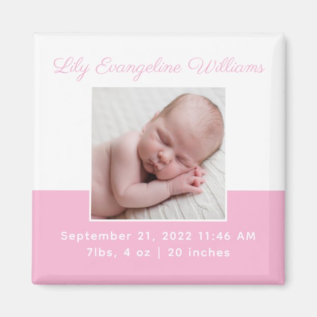 Elegant Baby Girl Photo Pink Birth Announcement Magnet (Front)