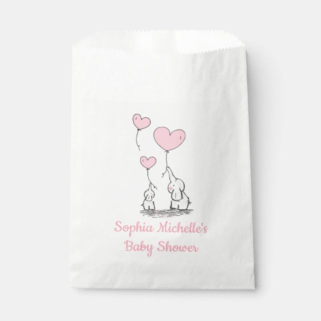 Elegant Baby Girl Pink Heart Balloons & Elephants Favor Bag (Front)