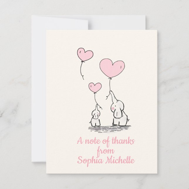 Elegant Baby Girl Pink Heart Balloons & Elephants Thank You Card (Front)