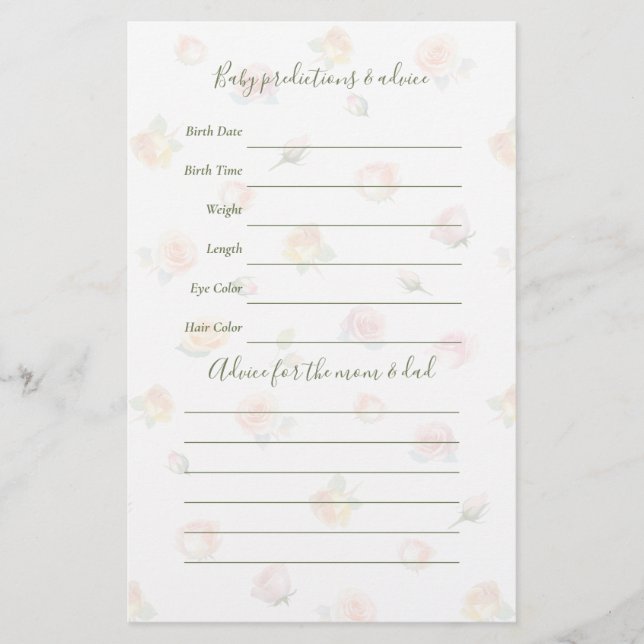 Elegant Baby in Bloom Baby Shower Guessing Game (Front)