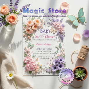 Elegant Baby In Bloom Floral Butterflies Pastel Invitation