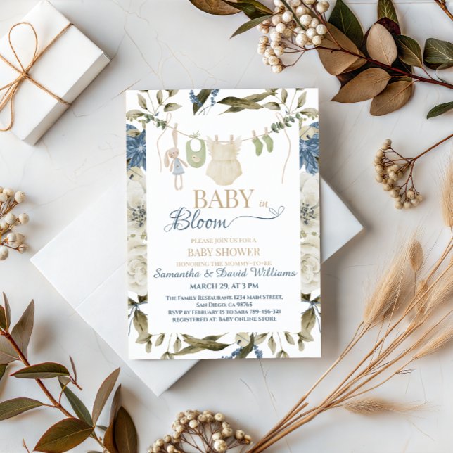 Elegant Baby in Bloom Greenery Clothesline Invitation (Creator Uploaded)