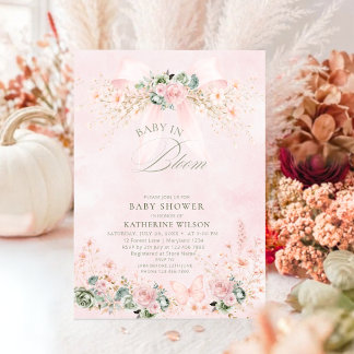 Elegant Baby In Bloom Pink Bow Floral Baby Shower Invitation