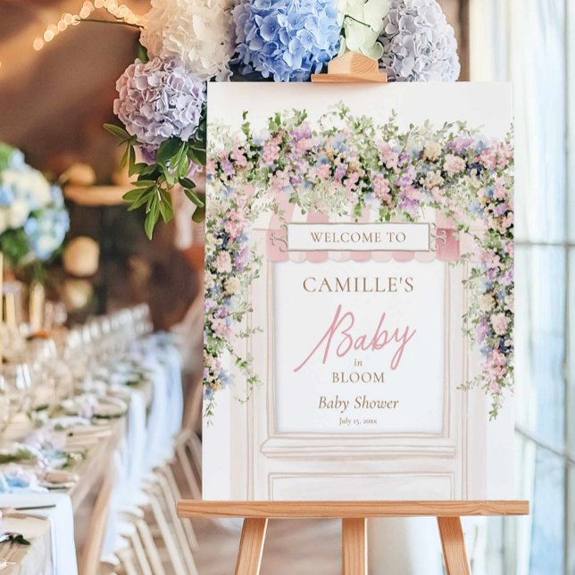 Elegant Baby in Bloom Pink Floral Welcome Sign (Girl Baby in Bloom Summer Baby Shower Welcome Sign)