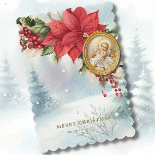 Elegant Baby Jesus Poinsettia Watercolor Holiday Card