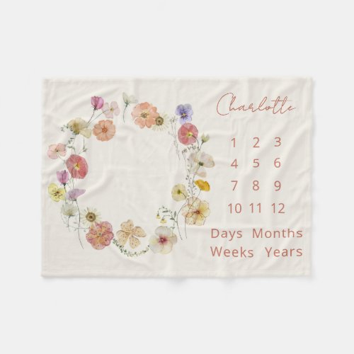 Elegant Baby Milestone Floral Wreath Watercolor Fleece Blanket