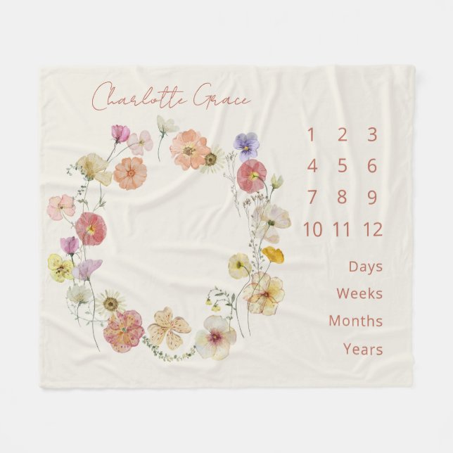Elegant Baby Milestone Floral Wreath Watercolor Fleece Blanket (Front (Horizontal))