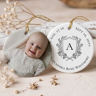 Elegant Baby Monogram Birth Stats Photo Keepsake Ceramic Ornament