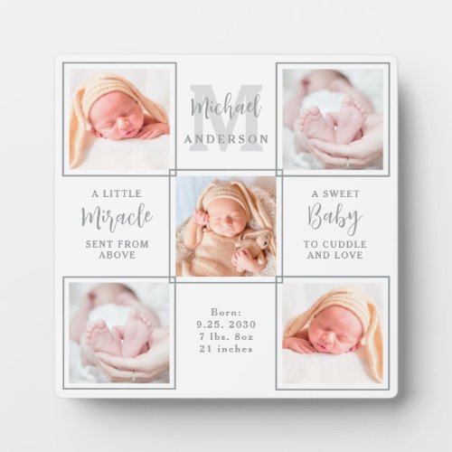 Elegant Baby Newborn Personalized 5 Photo Collage Plaque