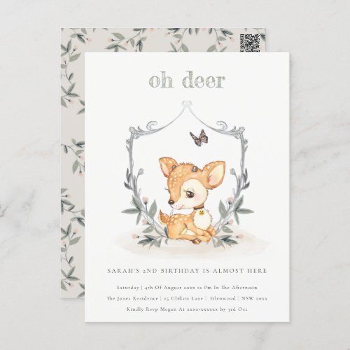 Elegant Baby Oh Deer Floral Crest Any Age Birthday Postcard