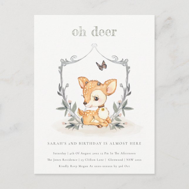 Elegant Baby Oh Deer Floral Crest Any Age Birthday Postcard (Front)