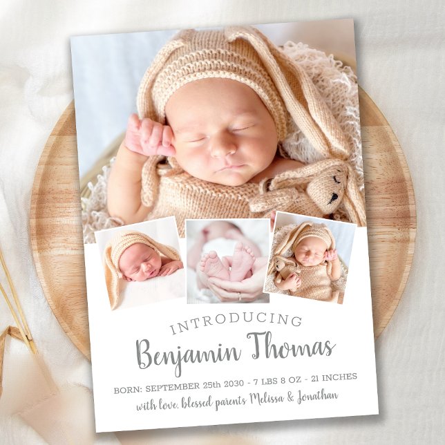 Elegant Baby Personalized 4 Photo Collage Birth Announcement (Creator Uploaded)